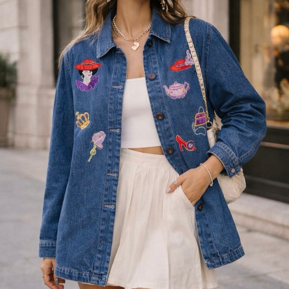Vintage Y2K Embroidered Statement Patch Luxury Denim Jacket Glitter Kitschy Twee